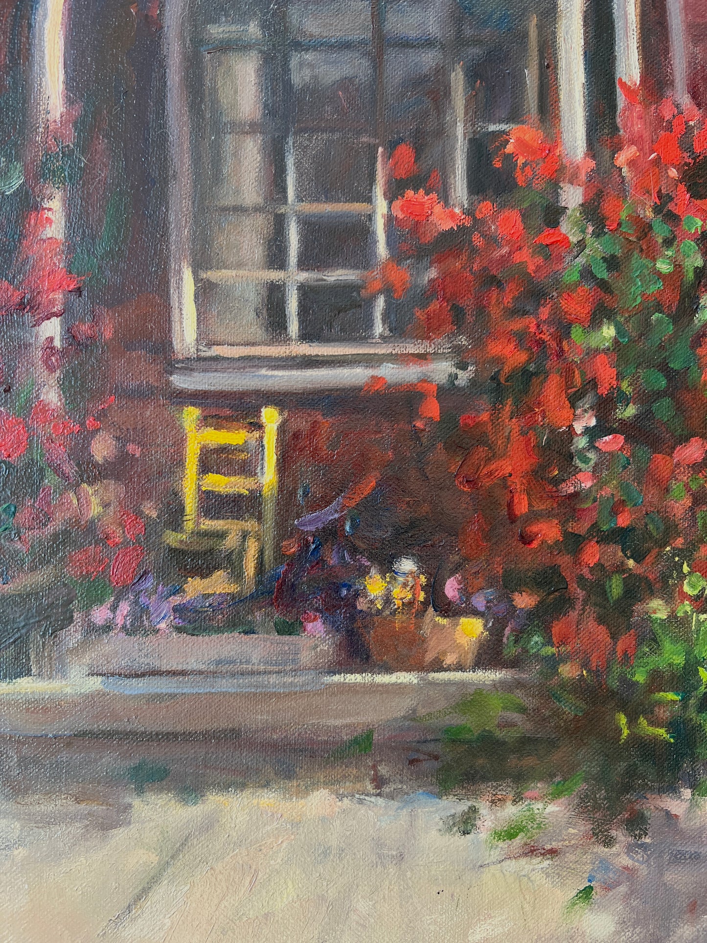 Small Town Houses Front Porch Scene Oil Painting in Gold Frame