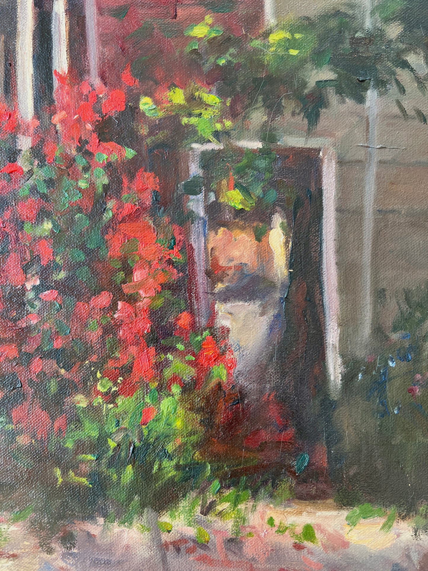 Small Town Houses Front Porch Scene Oil Painting in Gold Frame