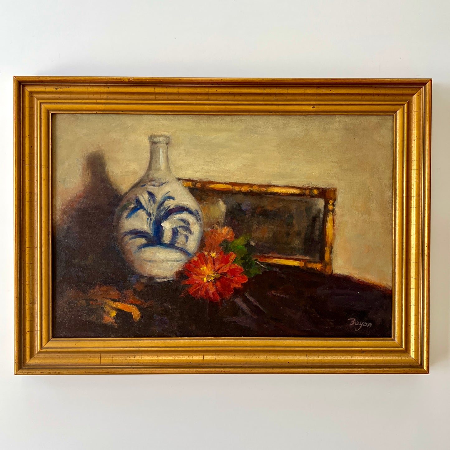 Still Life Oil Painting of Blue and White Vase, Flowers and Artwork in Gold Frame