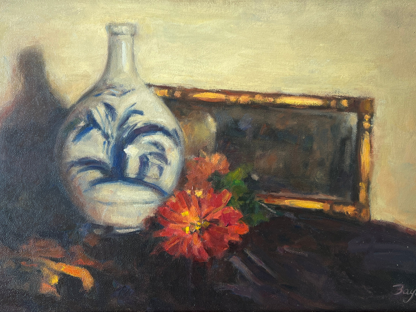 Still Life Oil Painting of Blue and White Vase, Flowers and Artwork in Gold Frame