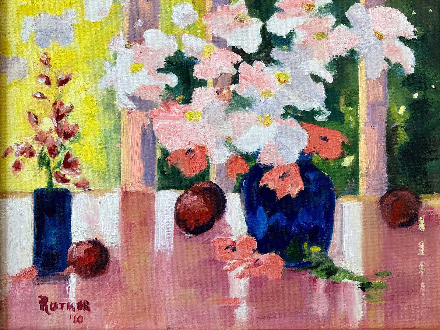 Pink and Blue Floral with Apples Modern Still Life Painting