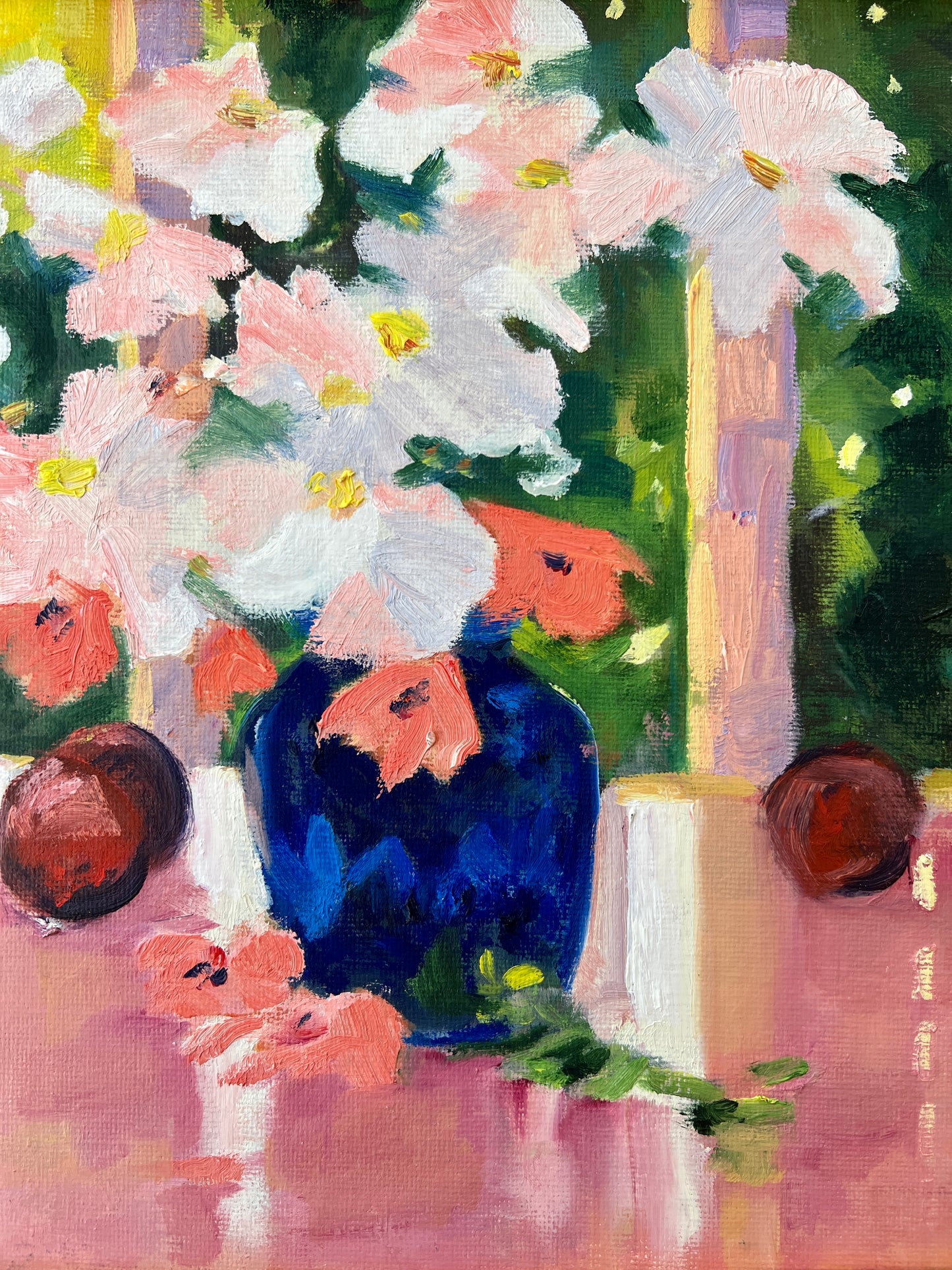 Pink and Blue Floral with Apples Modern Still Life Painting