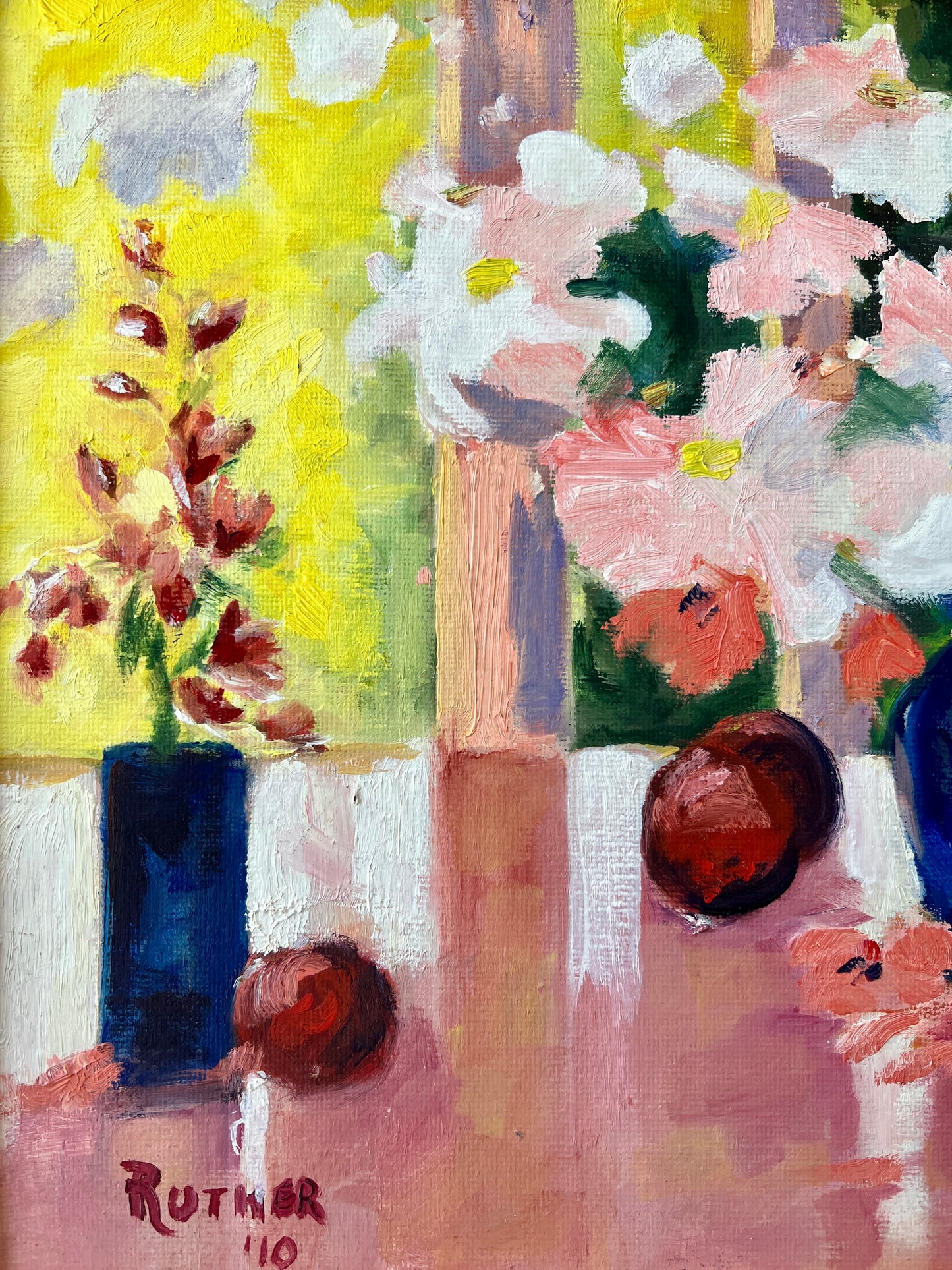 Pink and Blue Floral with Apples Modern Still Life Painting