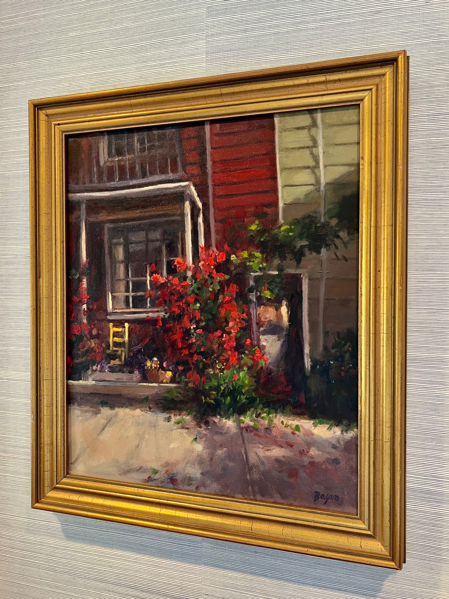 Small Town Houses Front Porch Scene Oil Painting in Gold Frame