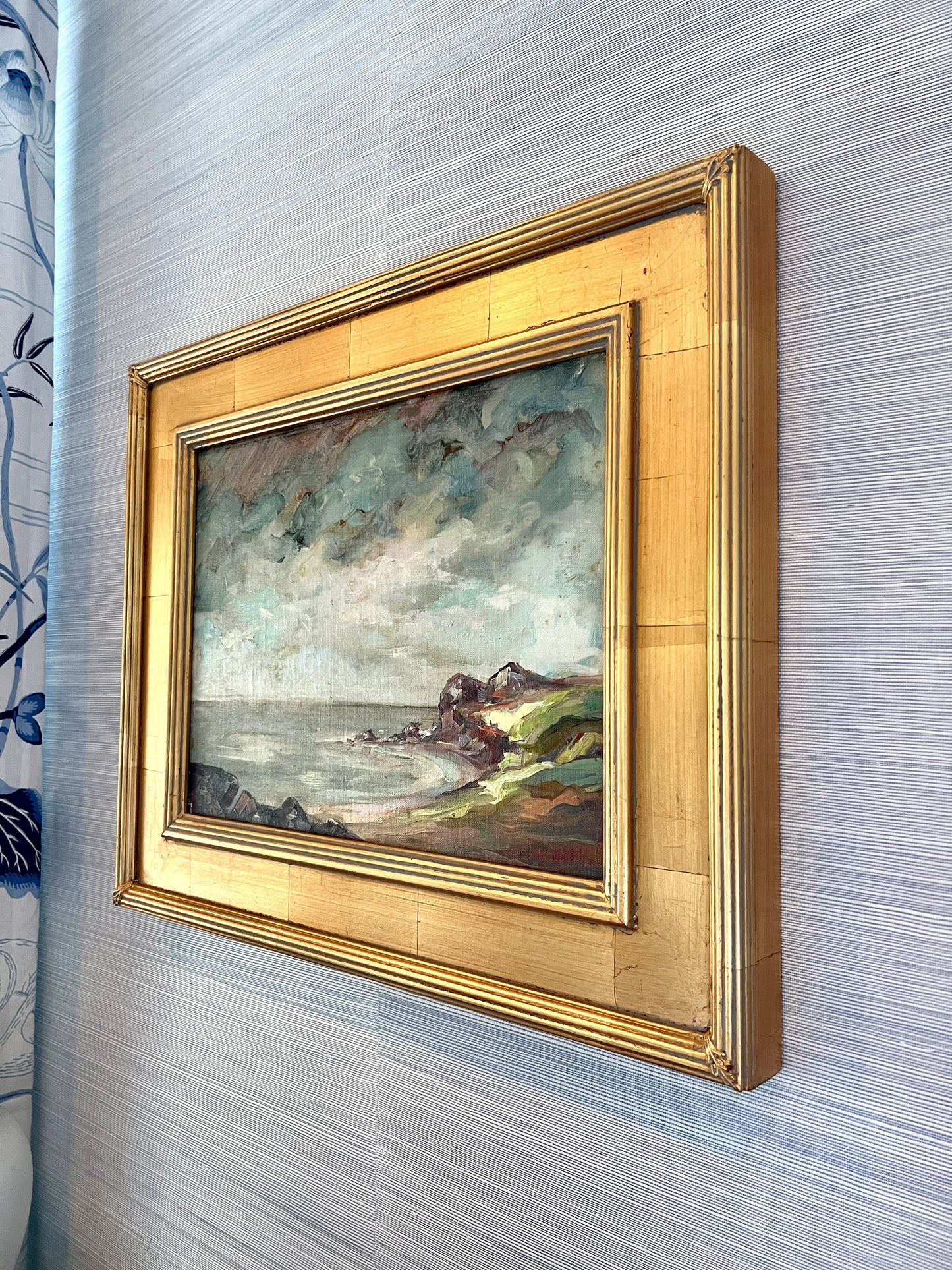 Antique Coastal Landscape Cove Oil Painting in Gold Frame