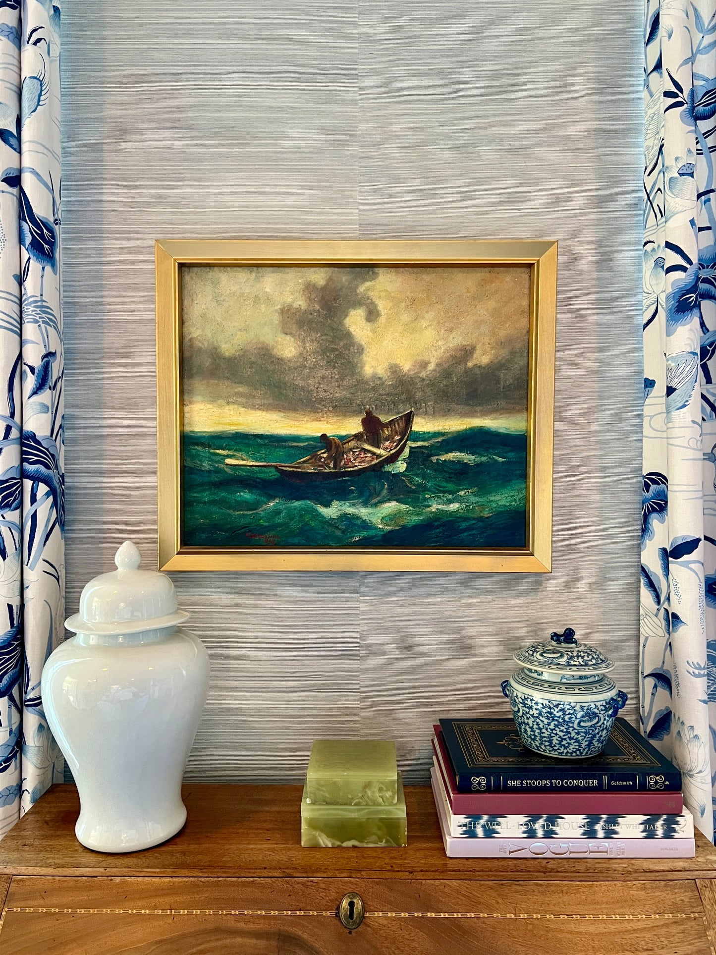 Henry B. Mussina (1903-1969) Seascape Row Boat Oil Painting in Gold Frame