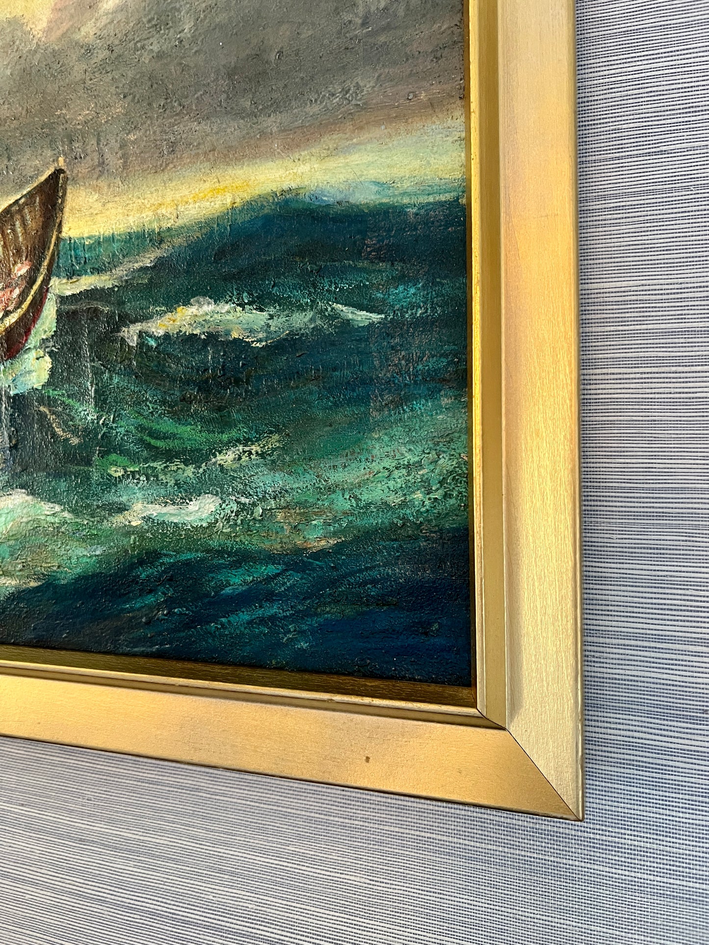 Henry B. Mussina (1903-1969) Seascape Row Boat Oil Painting in Gold Frame