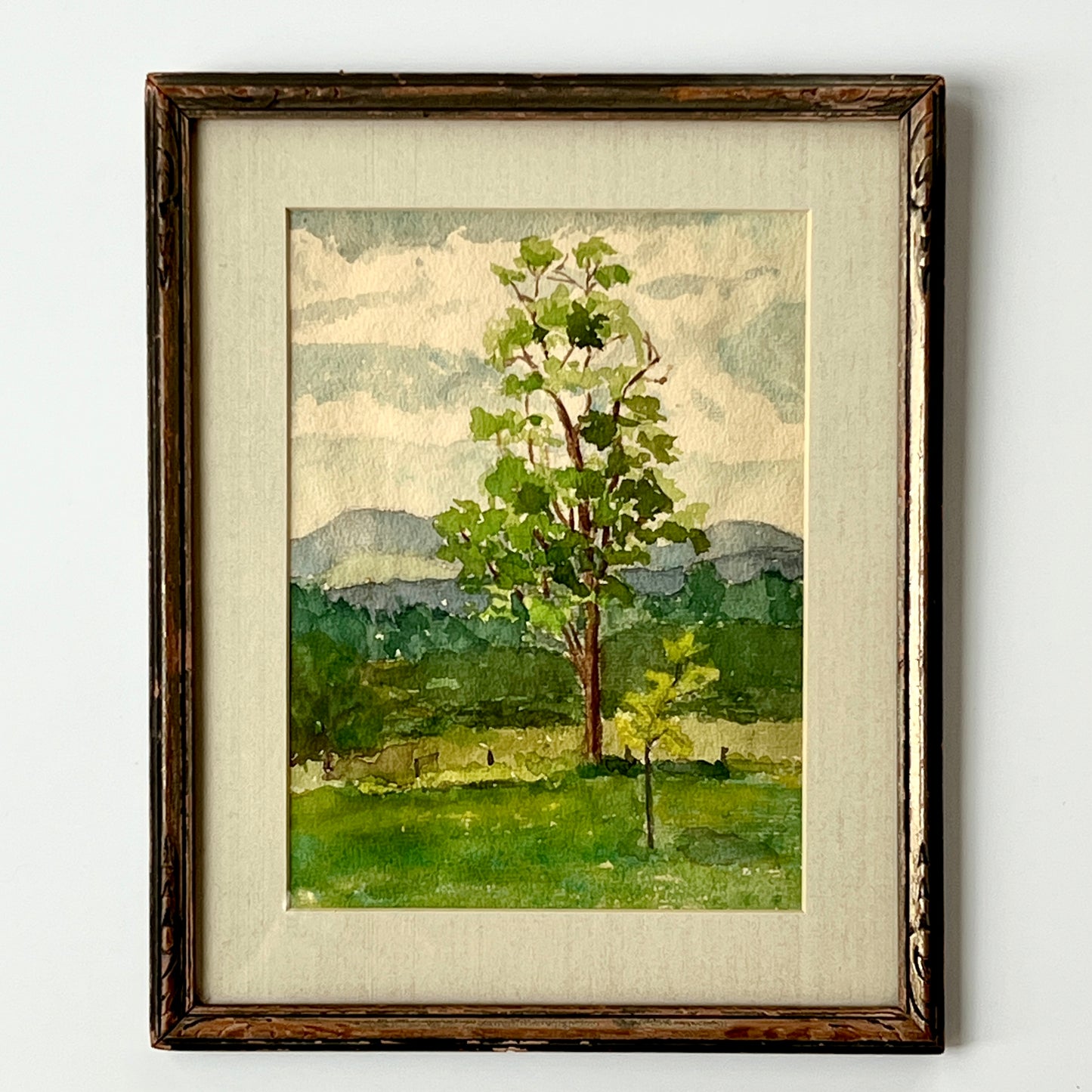 Antique Tree Landscape Watercolor Painintg in Carved Wood Frame