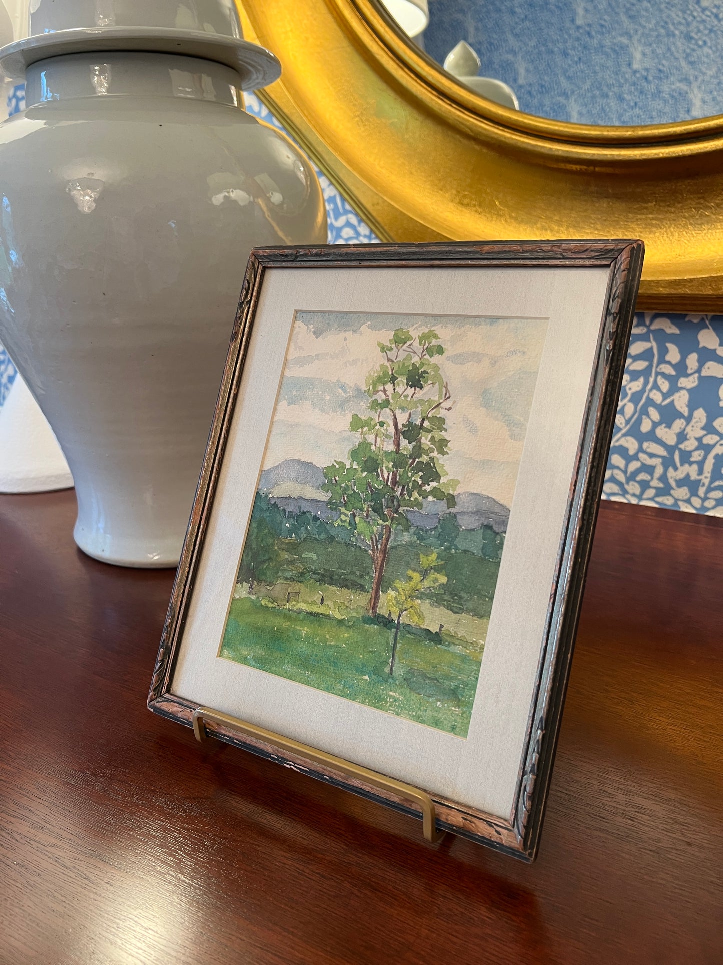 Antique Tree Landscape Watercolor Painintg in Carved Wood Frame