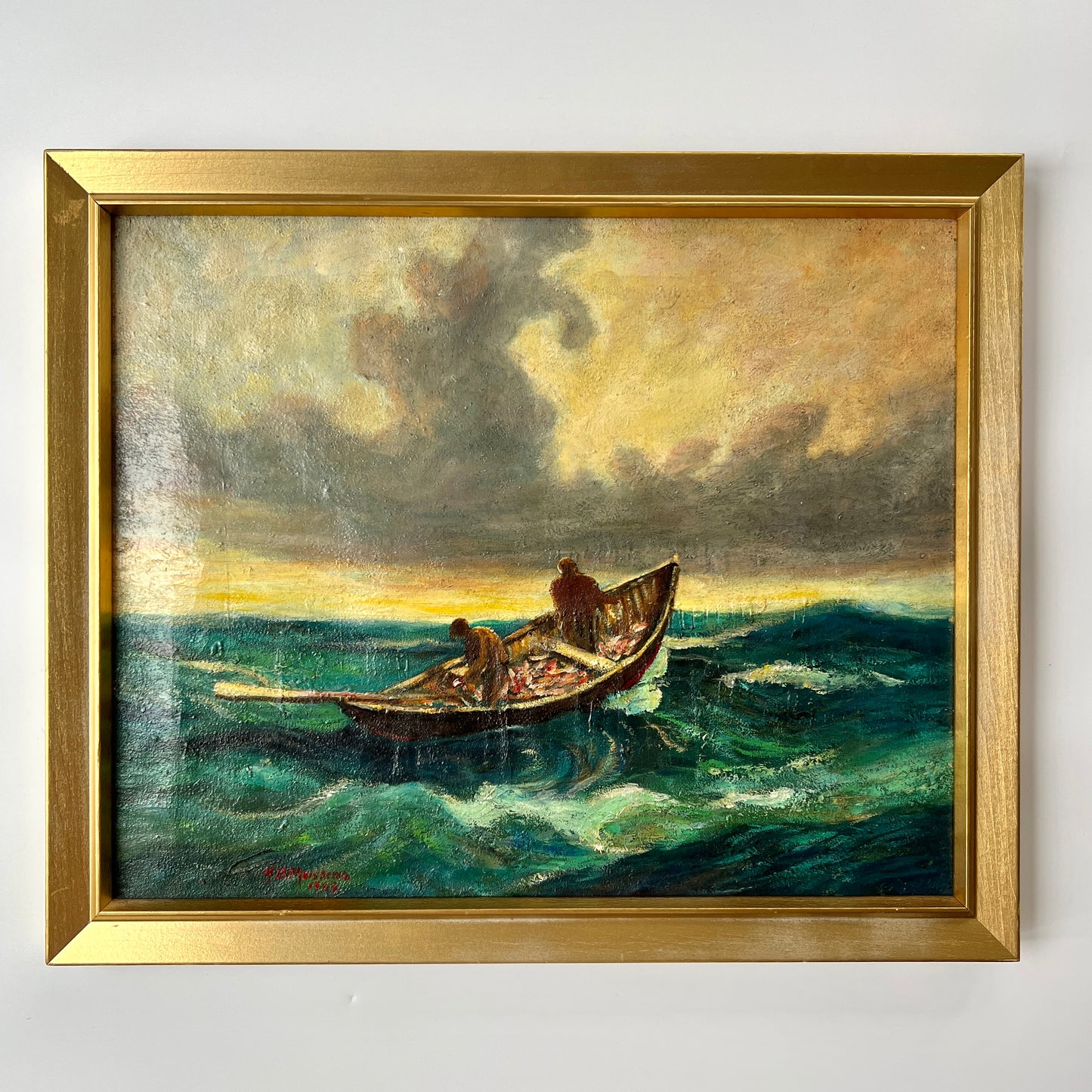 Henry B. Mussina (1903-1969) Seascape Row Boat Oil Painting in Gold Frame