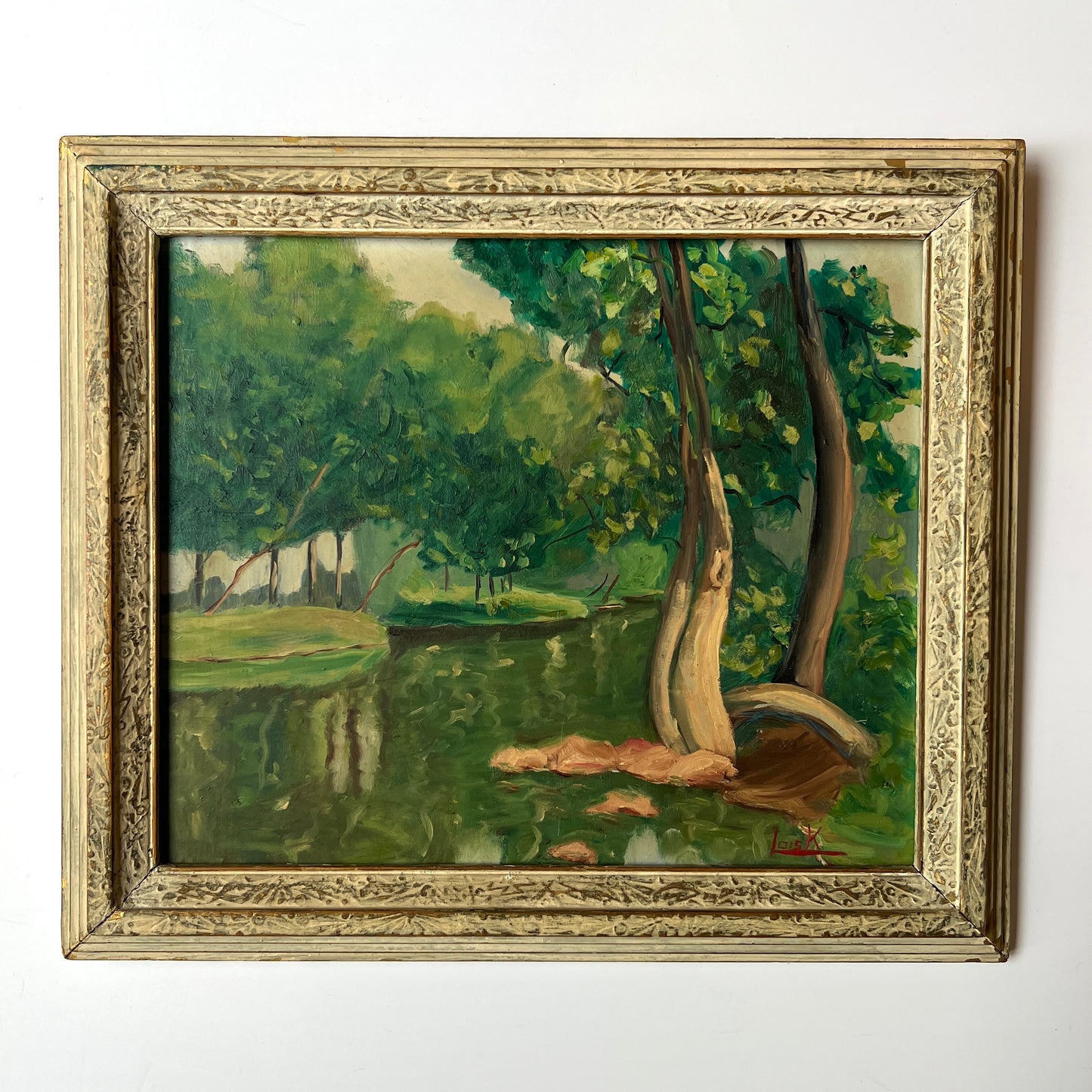 Vintage Impressionist Park and Tree Landscape Oil Painting in Gilded Cream Wood Frame