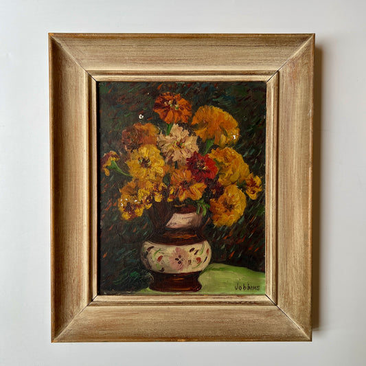 Vintage Caroline Jobbins Warm Floral Still Life in Wood Frame