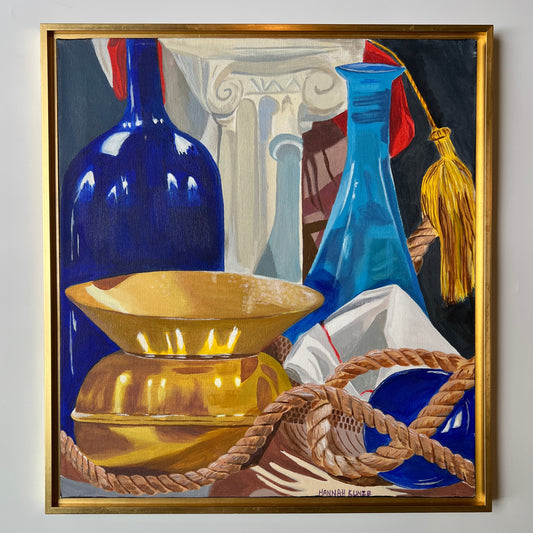 Contemporary Colorful Greek Still Life in Gold Floater Frame