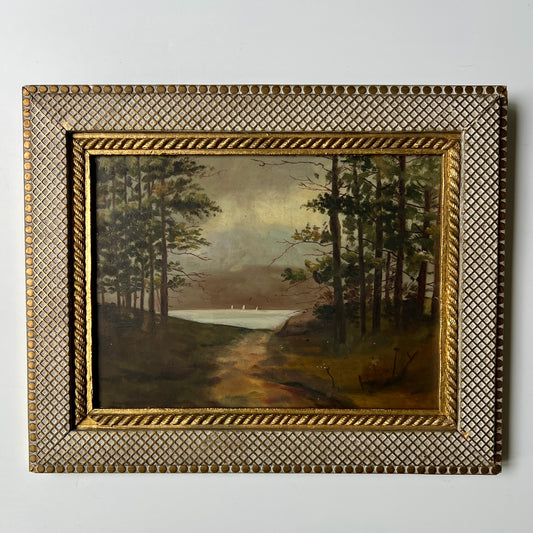 19th Century 1887 Sailboats on Lake Oil Painting in Carved Gilded Frame