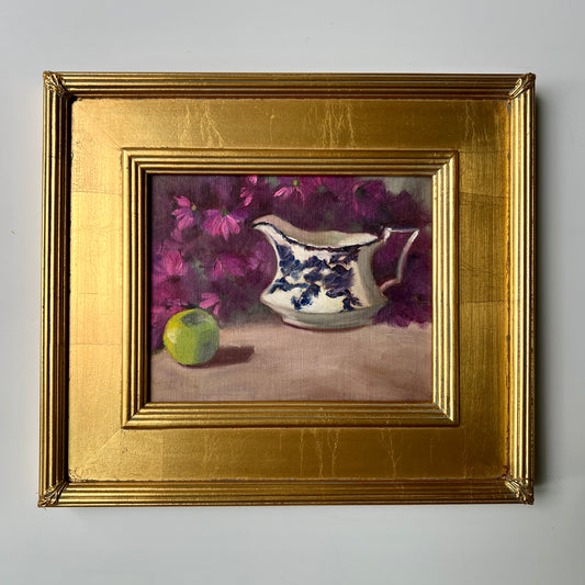 Still Life Painting of Blue White Pitcher, Purple Flowers and Green Apple in Gold Frame