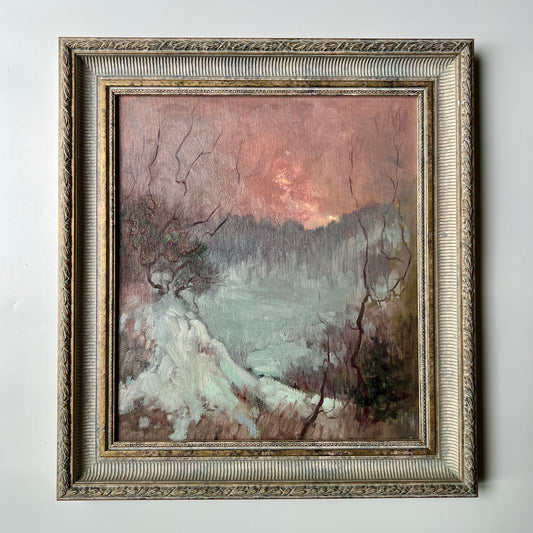 Pink Winter Sunset Oil on Board Painting in Carved Frame