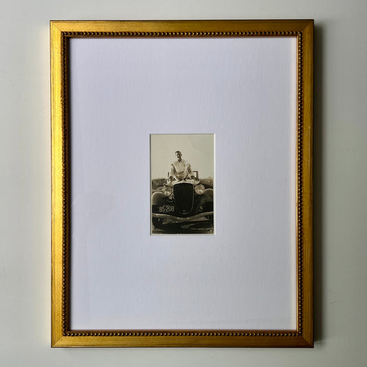 1938 Original Black-White Photograph Young Man on Convertible in Gold Frame