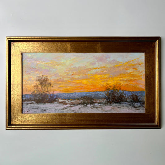 Julia Lesnichy Winter Sunset in Virginia Landscape Oil Painting in Gold Frame