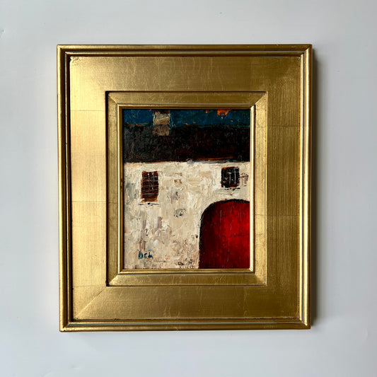 Contemporary Expressionist Red Barn Door Oil Painting in Gold Frame