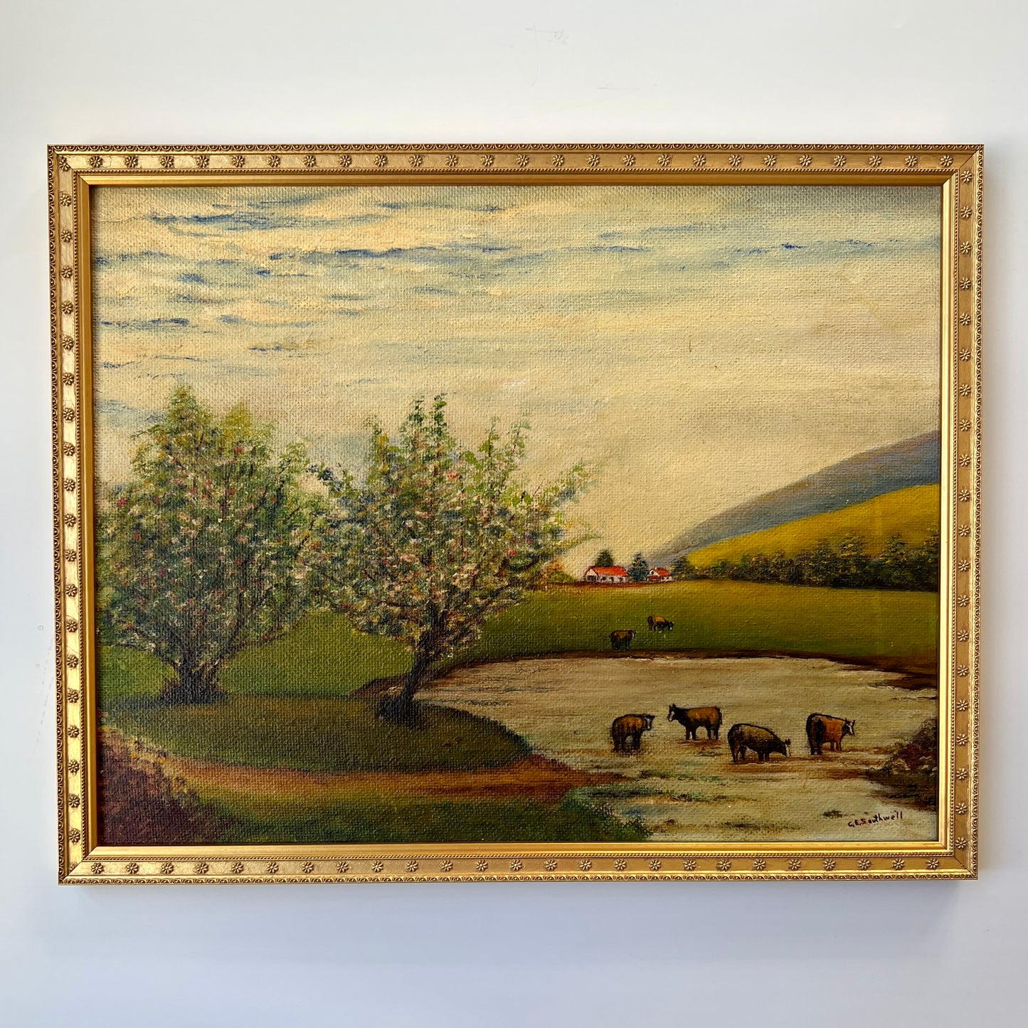 Antique Folk Style Cape Cod Farm Landscape with Cows Painting in Gold Flowered Frame