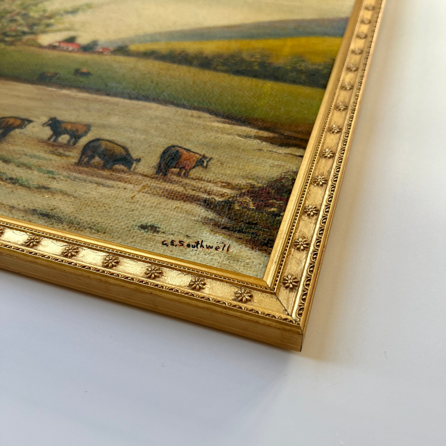 Antique Folk Style Cape Cod Farm Landscape with Cows Painting in Gold Flowered Frame