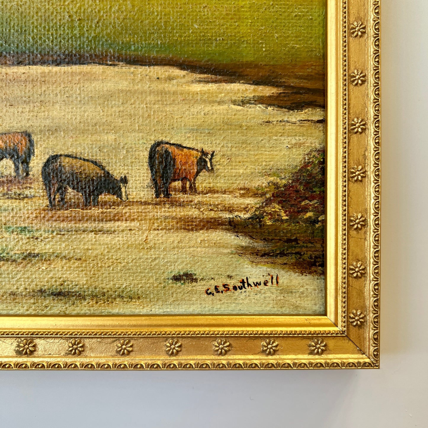 Antique Folk Style Cape Cod Farm Landscape with Cows Painting in Gold Flowered Frame