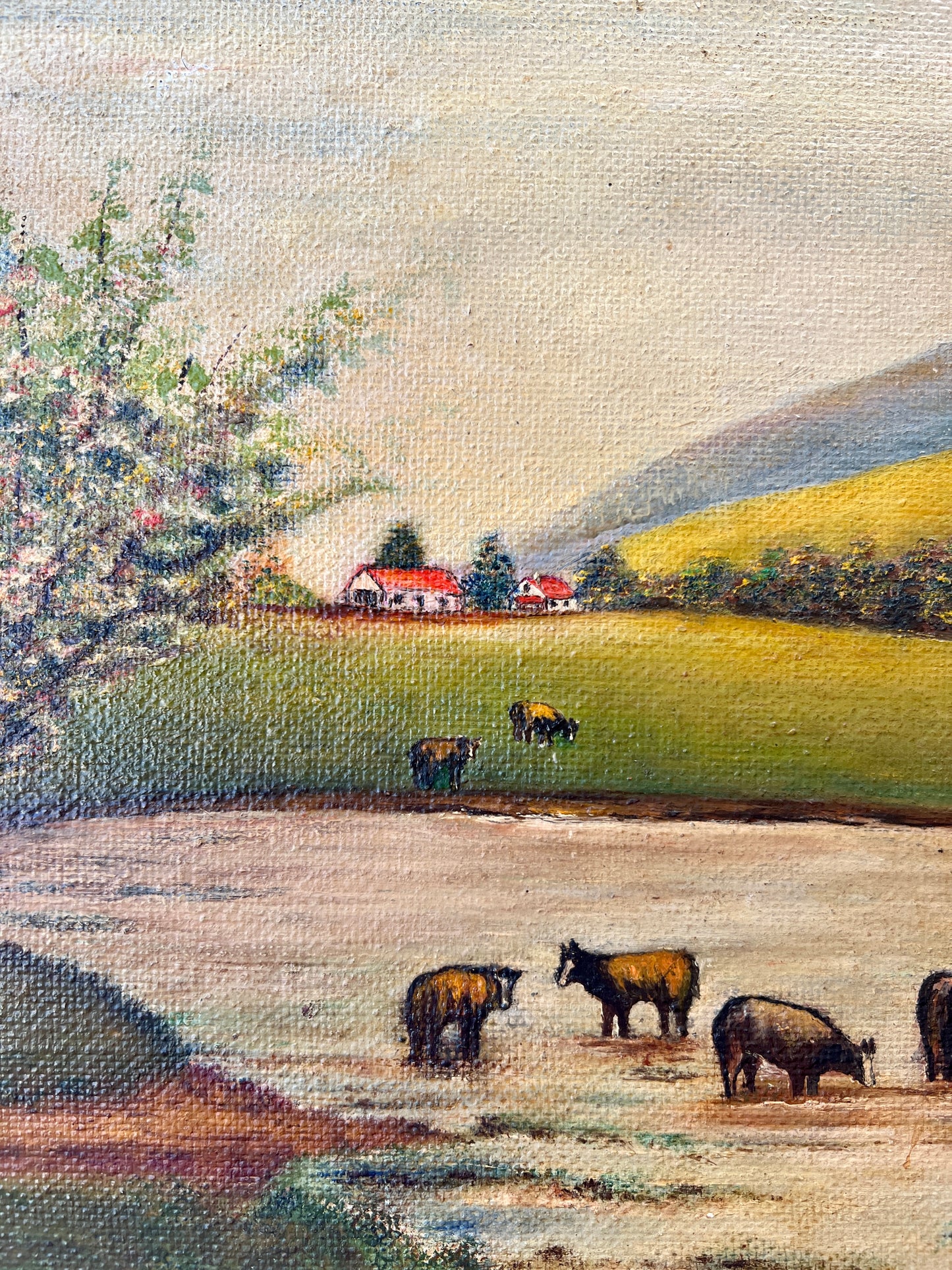 Antique Folk Style Cape Cod Farm Landscape with Cows Painting in Gold Flowered Frame