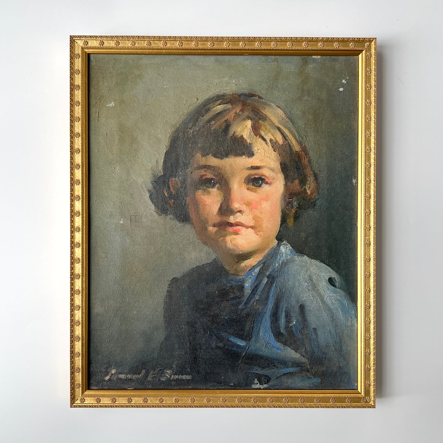 Vintage Portrait of Young Girl in Blue Dress in Flowered Gold Frame