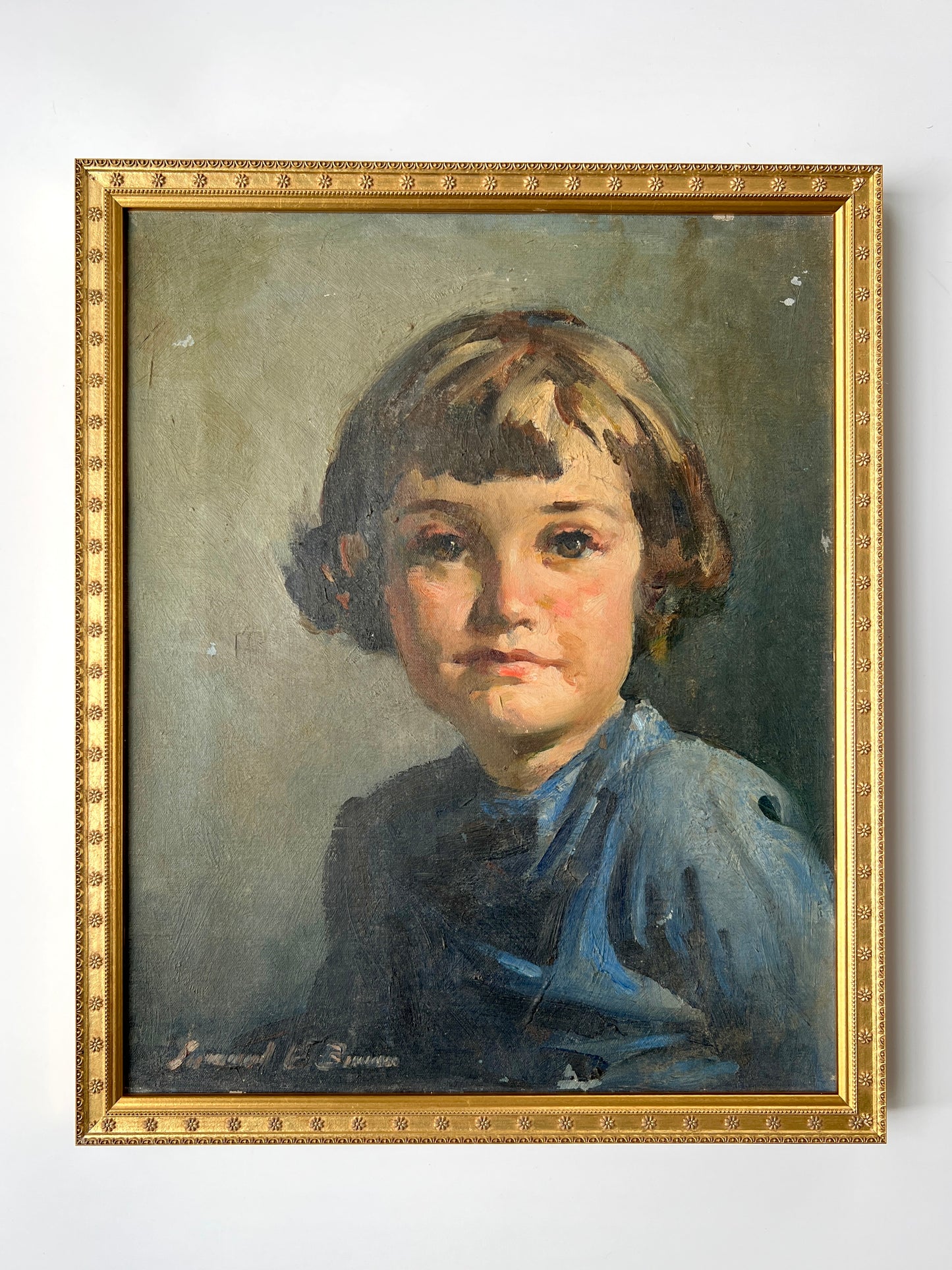 Vintage Portrait of Young Girl in Blue Dress in Flowered Gold Frame