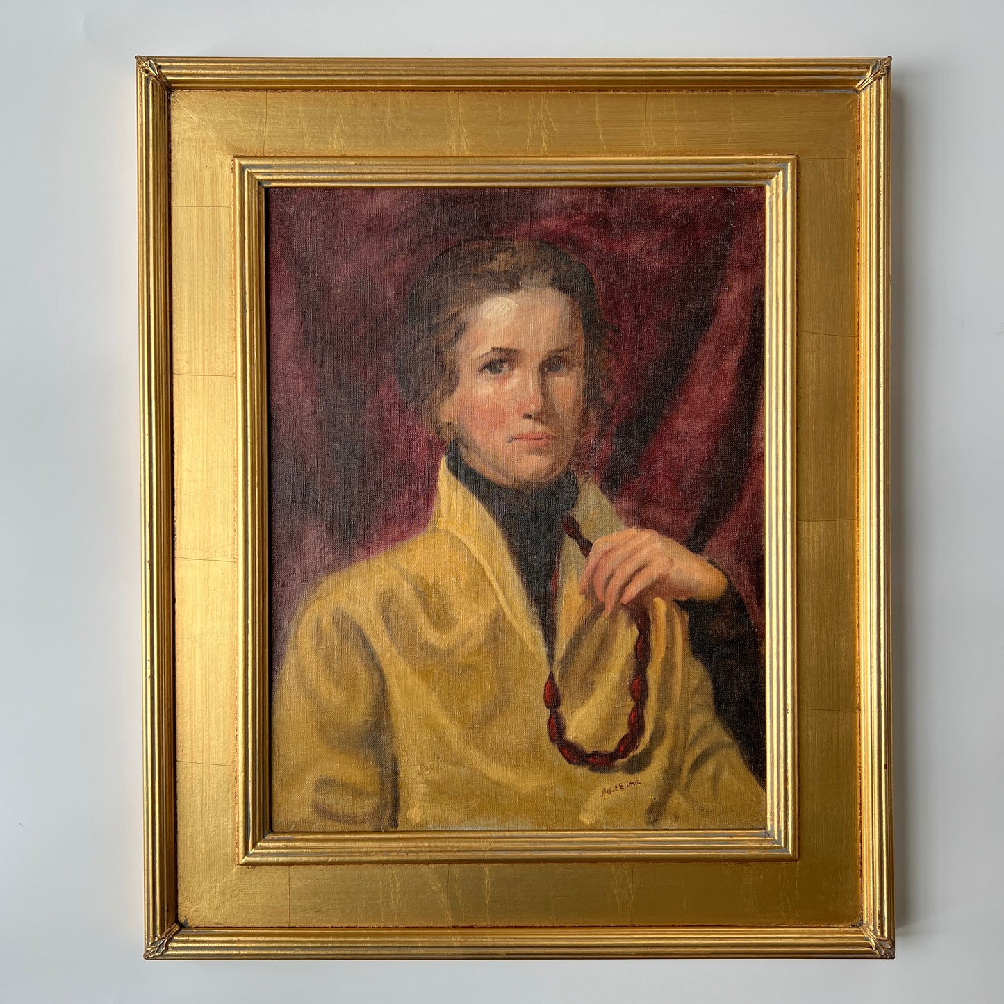 Vintage Oil Painting Portrait of Young Brunette Woman in Gold Frame