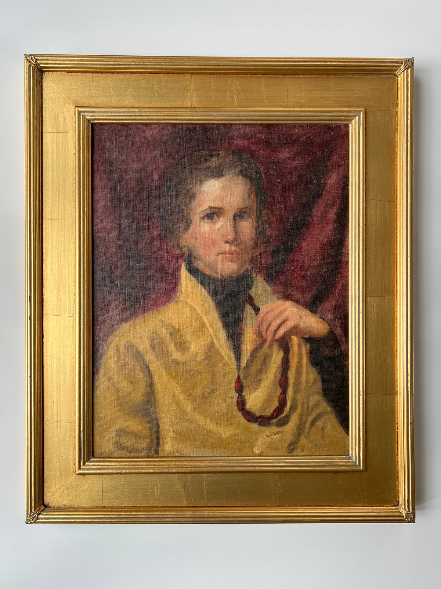 Vintage Oil Painting Portrait of Young Brunette Woman in Gold Frame