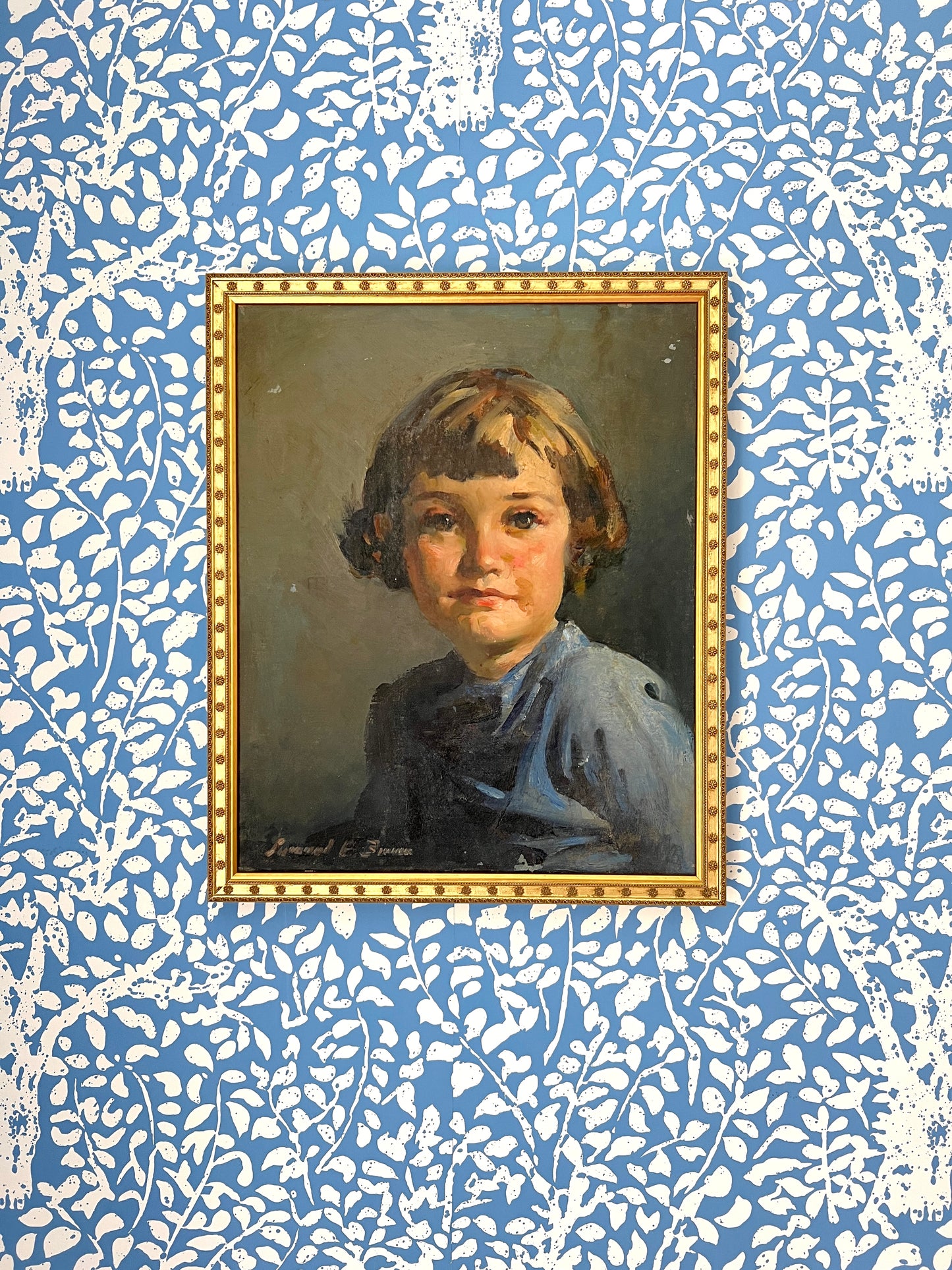 Vintage Portrait of Young Girl in Blue Dress in Flowered Gold Frame