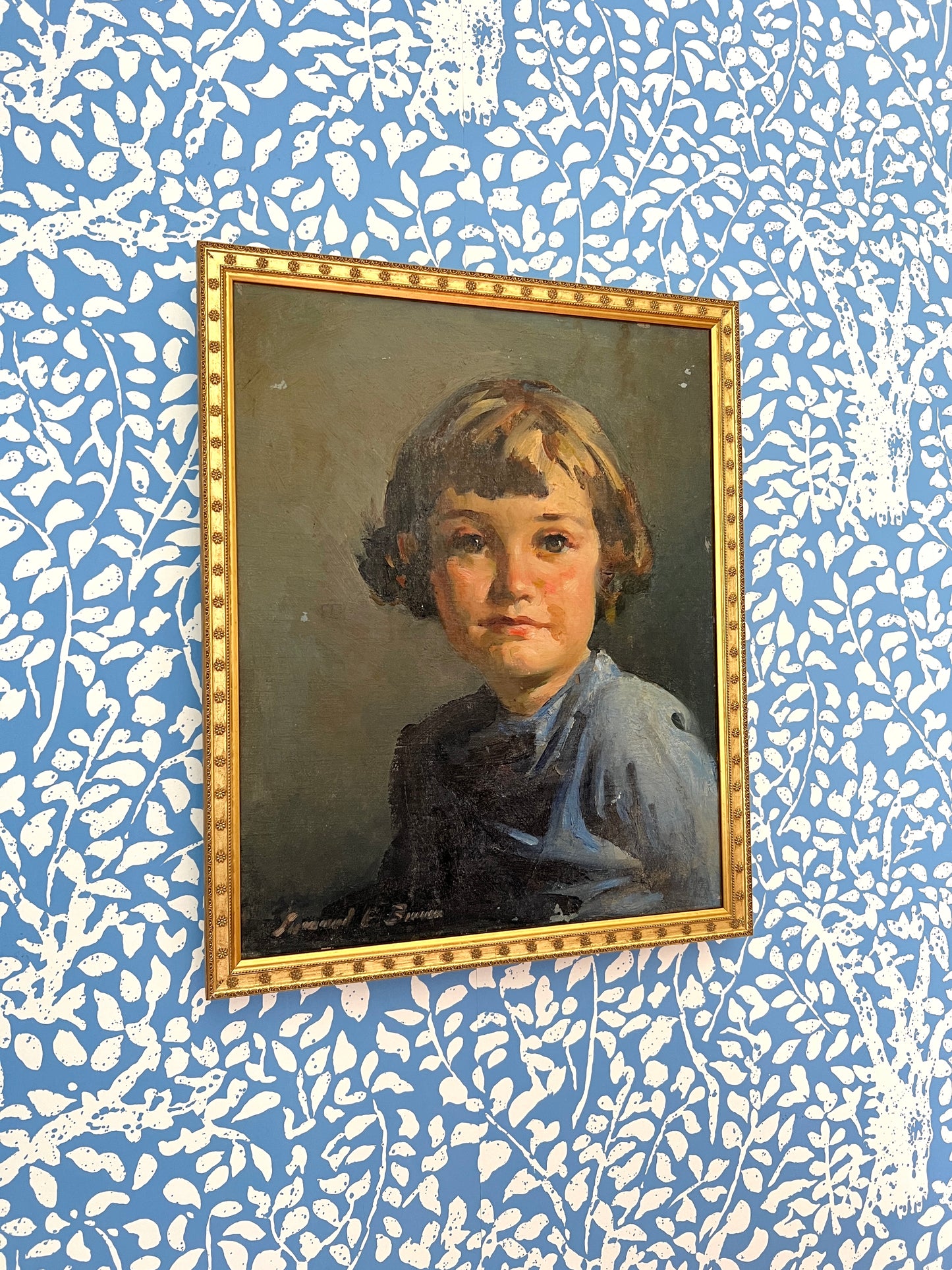 Vintage Portrait of Young Girl in Blue Dress in Flowered Gold Frame