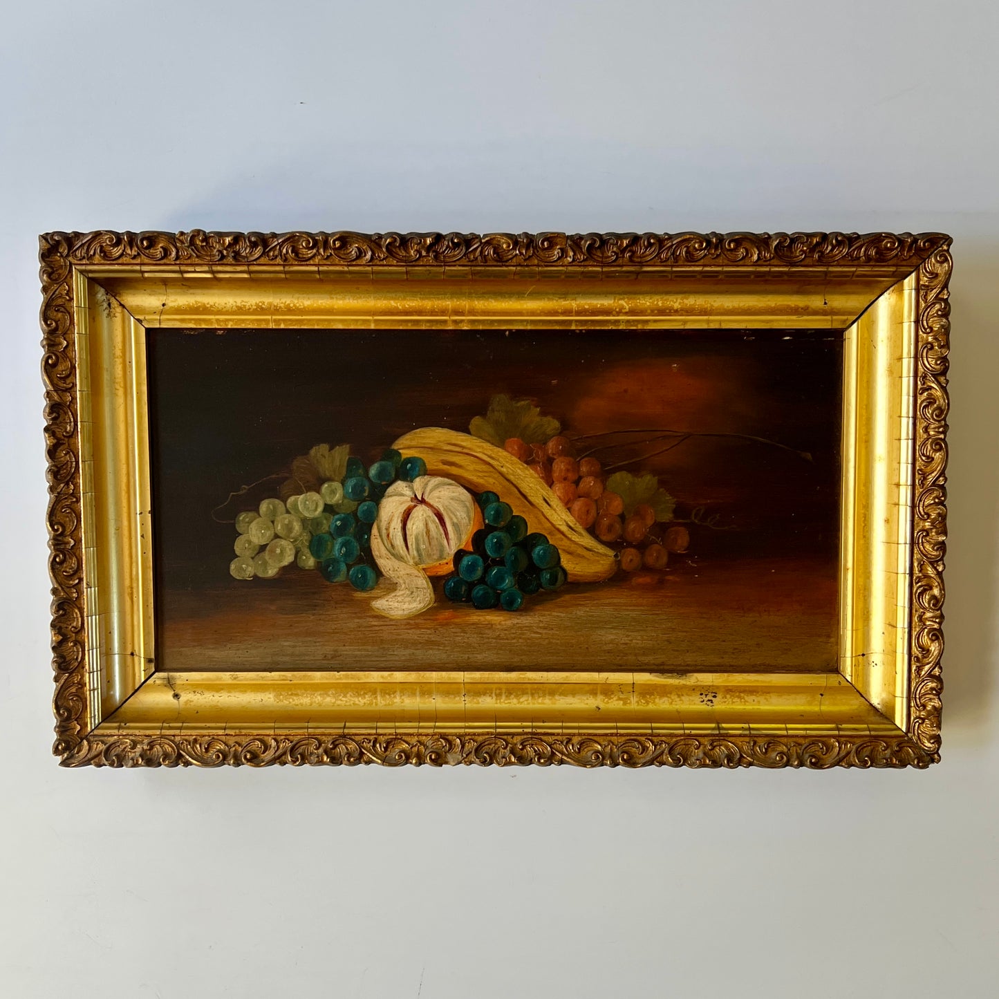 19th Century Fruit Still Life Oil Painting in Lemon Gold Carved Frame