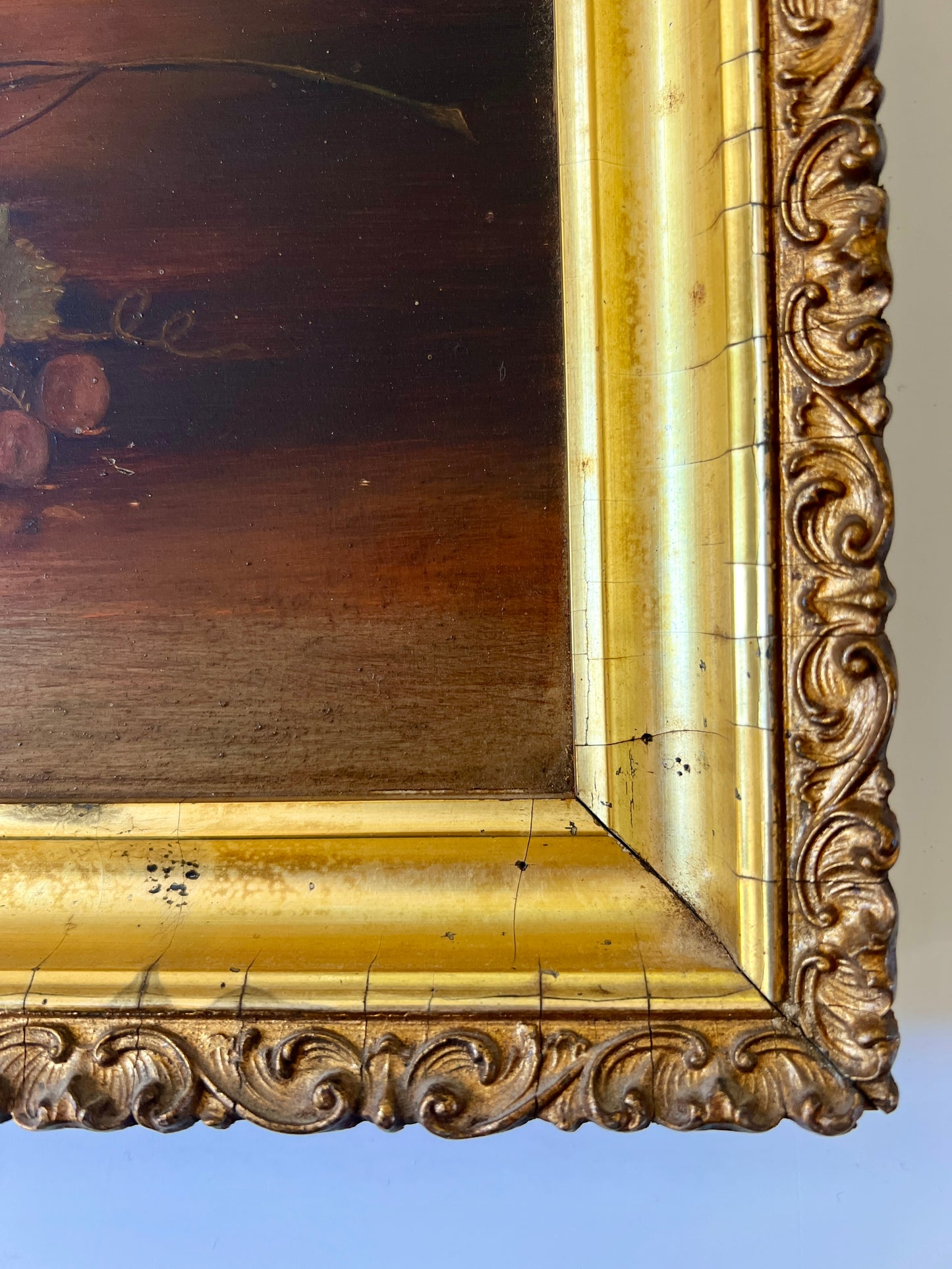 19th Century Fruit Still Life Oil Painting in Lemon Gold Carved Frame