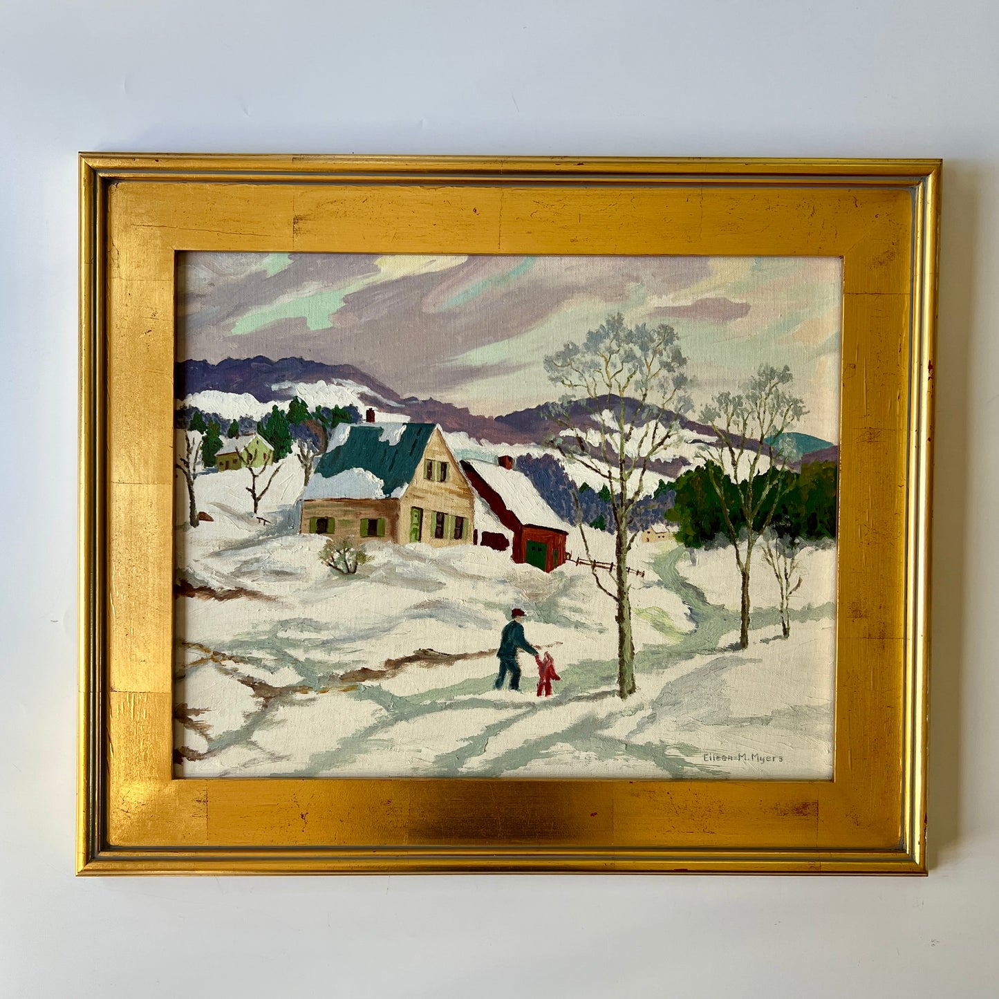 American Folk Snowy Day Winter Wonderland Landscape Oil Painting in Gold Frame