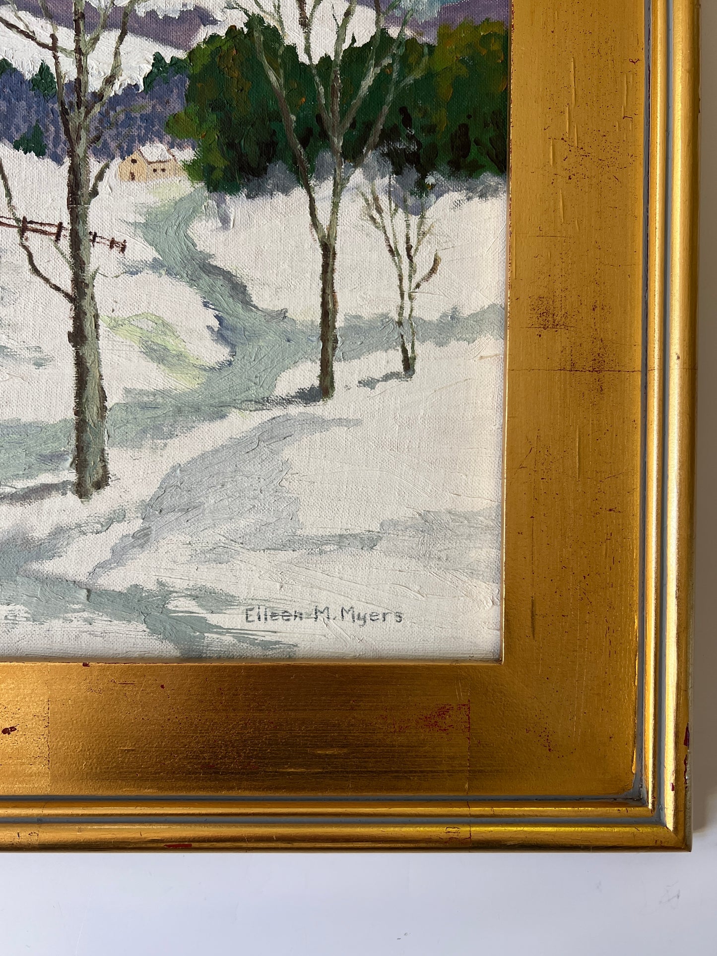 American Folk Snowy Day Winter Wonderland Landscape Oil Painting in Gold Frame