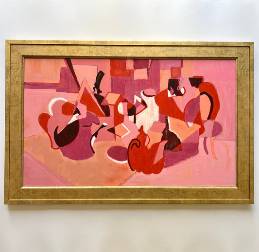 Pink and Red Retro Abstract Tabletop Tea Party Still Life Oil Painting in Gold Frame