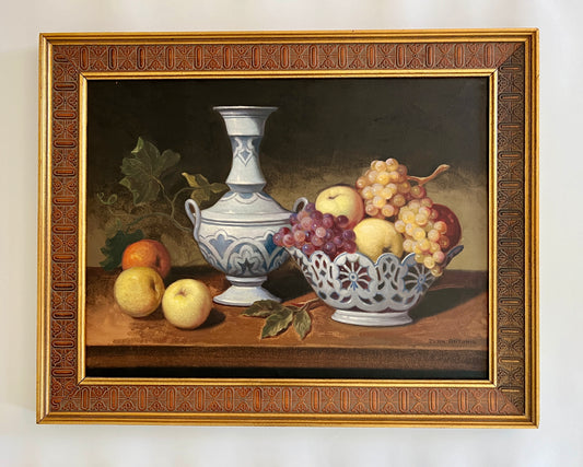 Juan Antonio Fruit in Blue and White Porcelain Still Life Oil Painting in Custom Frame