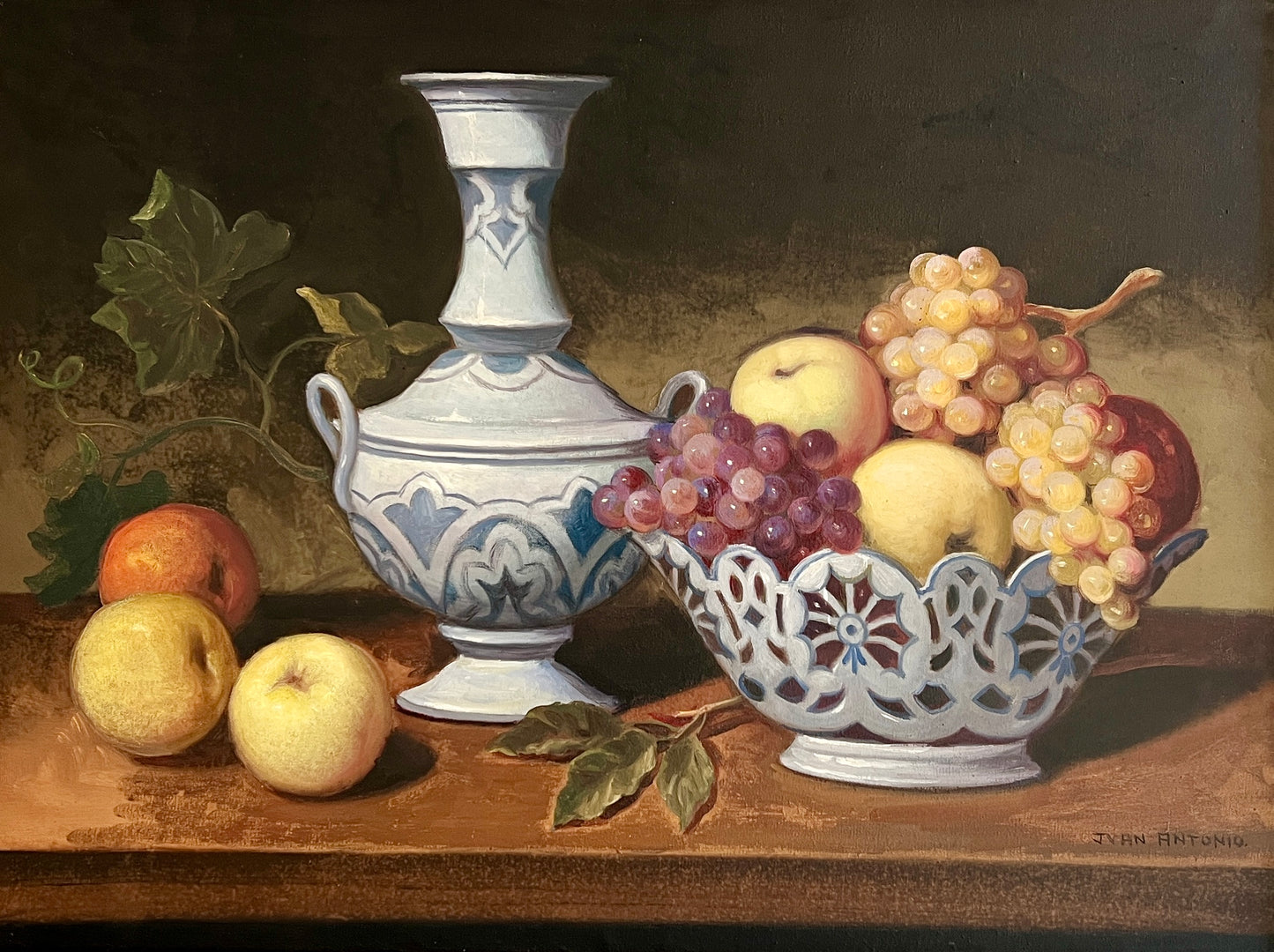 Juan Antonio Fruit in Blue and White Porcelain Still Life Oil Painting in Custom Frame