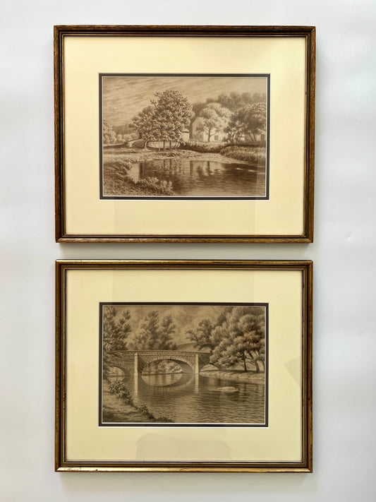 Pair of Chester County Pennsylvania Landscape Drawings in Gold Frames