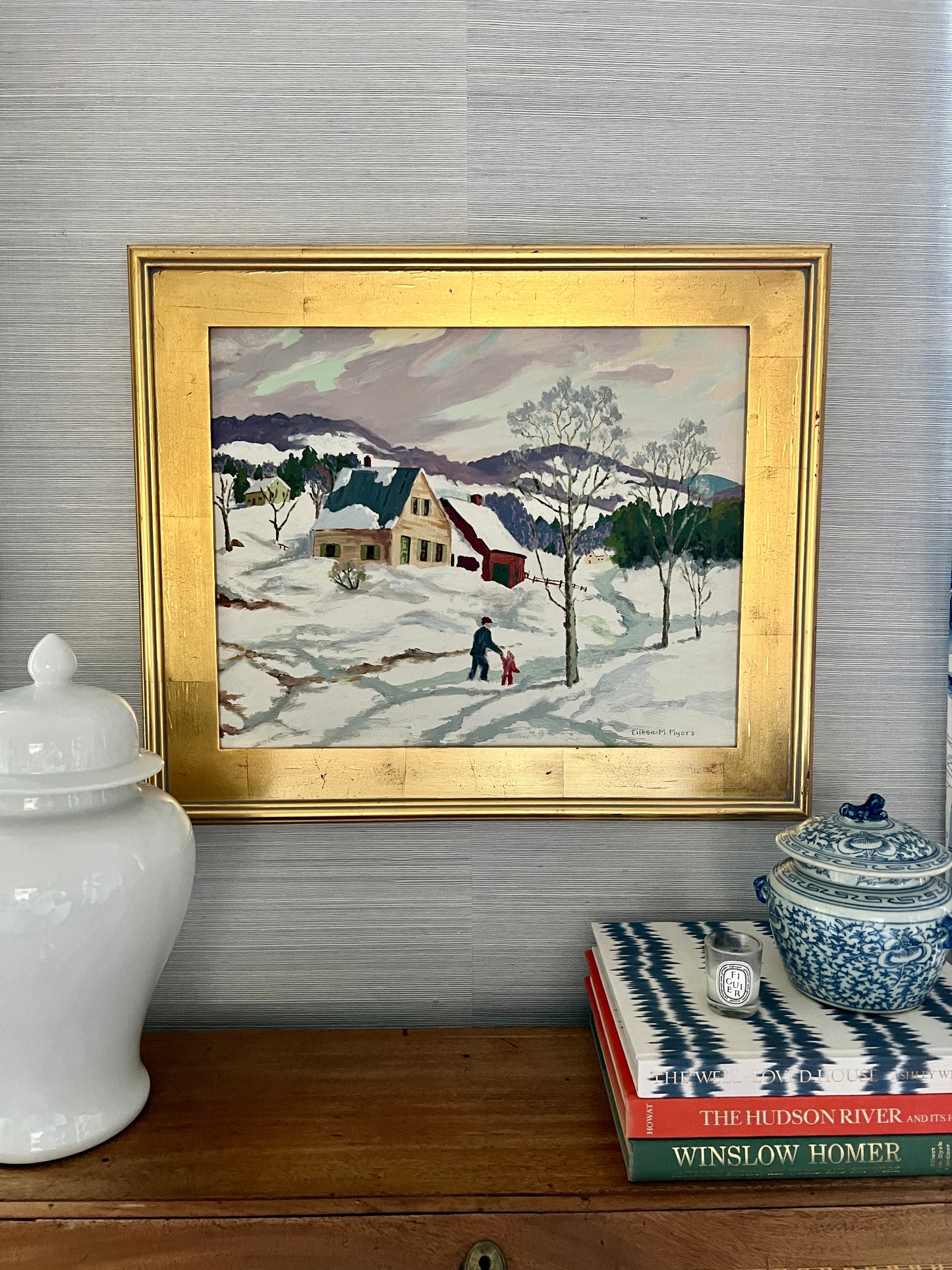 American Folk Snowy Day Winter Wonderland Landscape Oil Painting in Gold Frame