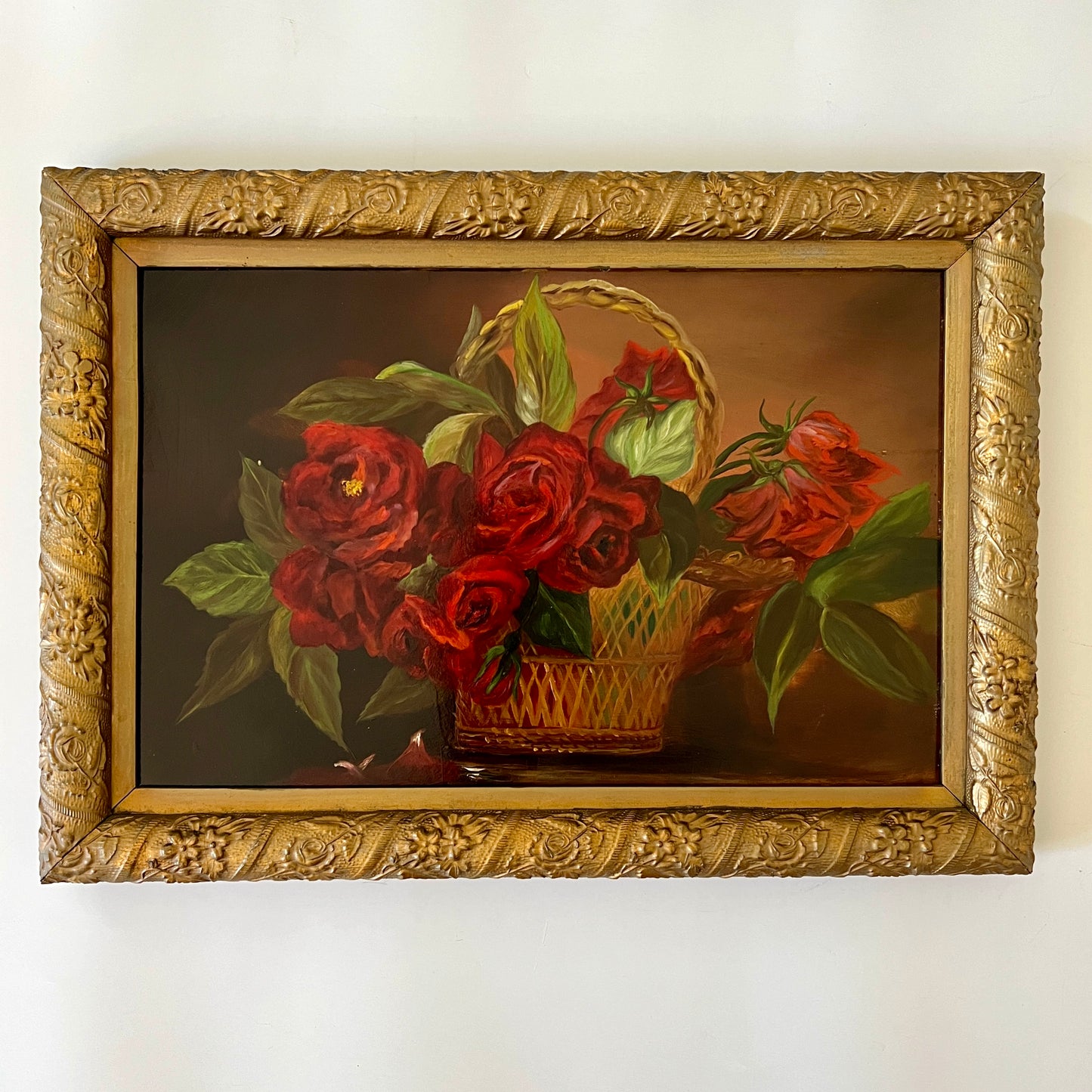 Antique Basket of Red Roses Still Life Oil Painting in Carved Gold Frame