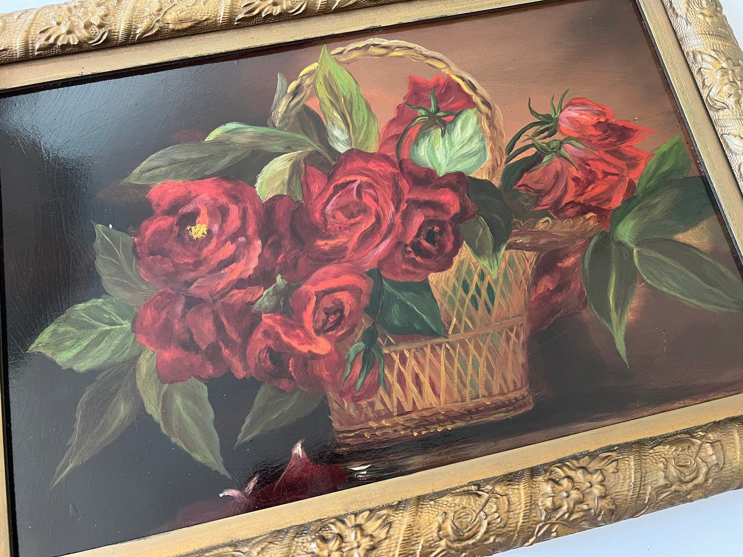 Antique Basket of Red Roses Still Life Oil Painting in Carved Gold Frame