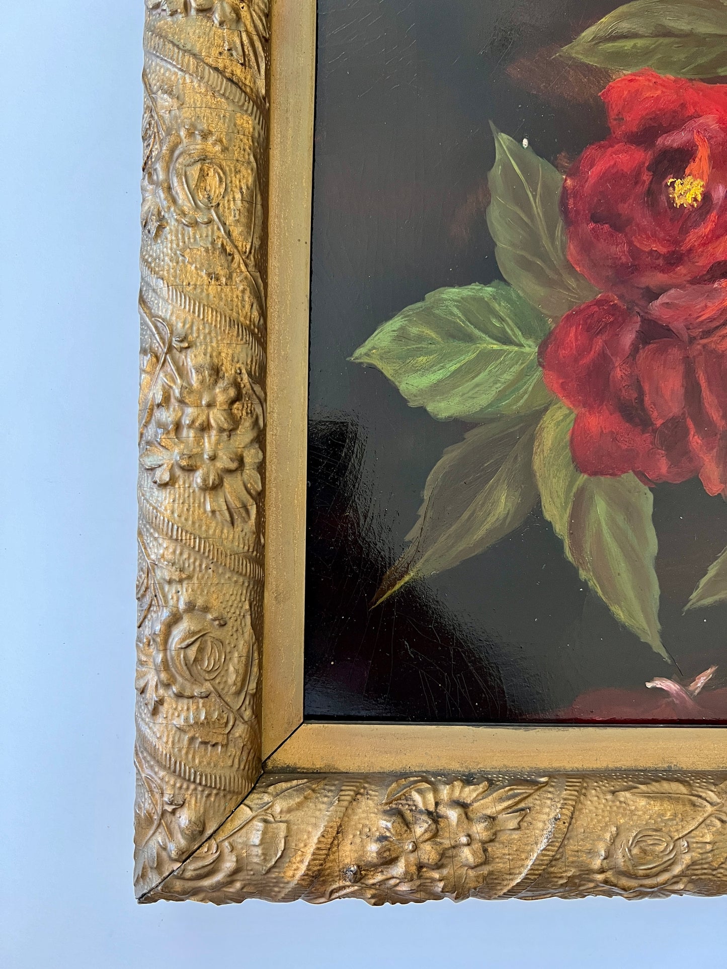 Antique Basket of Red Roses Still Life Oil Painting in Carved Gold Frame