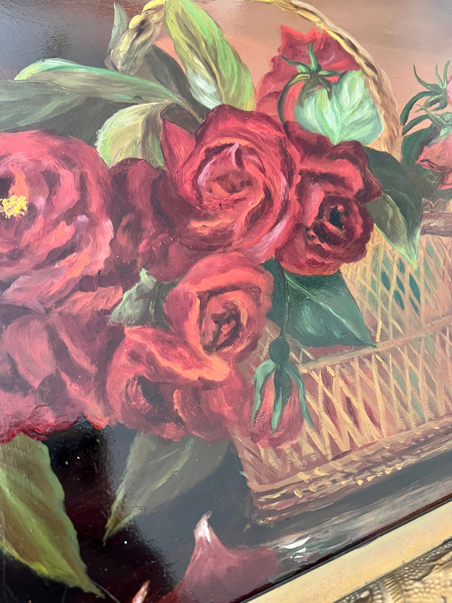 Antique Basket of Red Roses Still Life Oil Painting in Carved Gold Frame