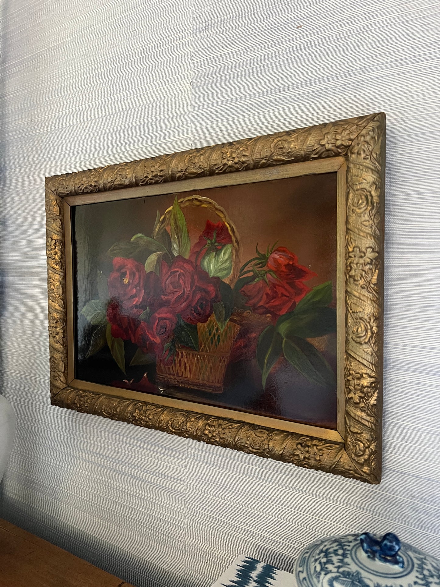 Antique Basket of Red Roses Still Life Oil Painting in Carved Gold Frame