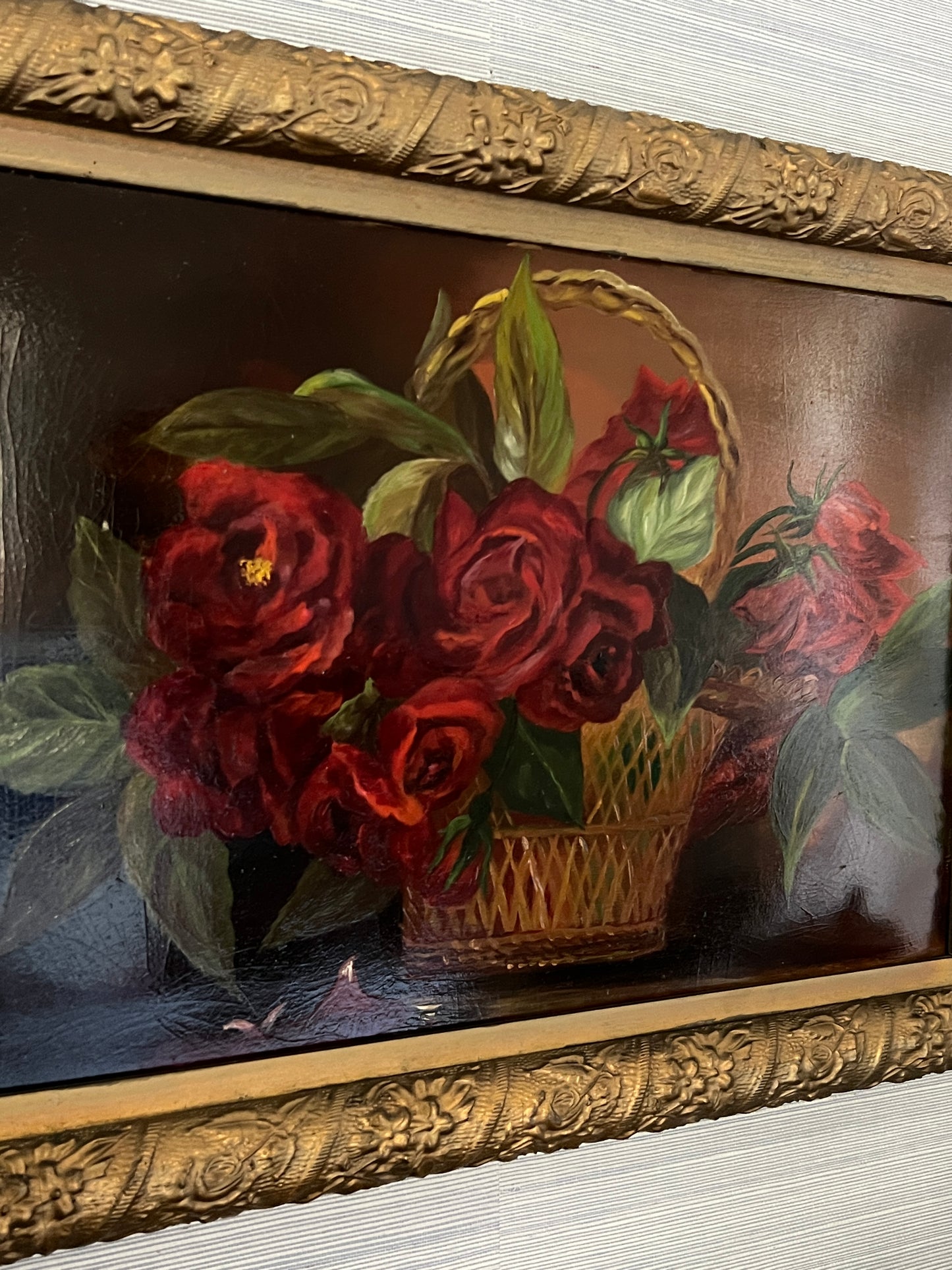 Antique Basket of Red Roses Still Life Oil Painting in Carved Gold Frame