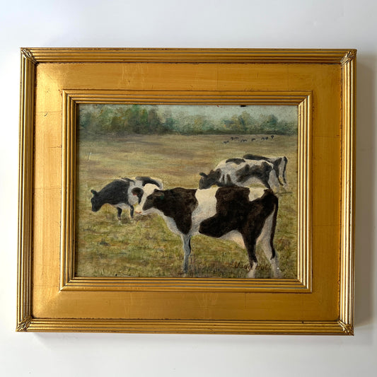 Mid Century Cow Portrait Oil Painting in Gold Frame