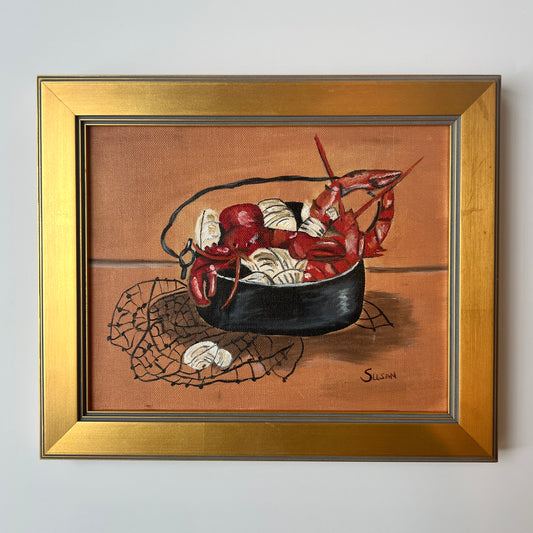 Vintage Lobster Pot Folk Style Painting in Gold Frame